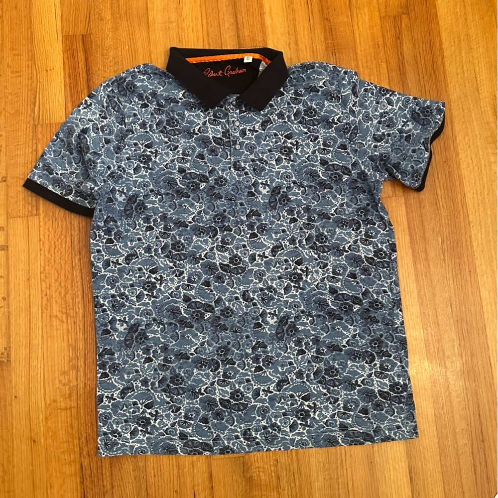 Robert Graham Men’s Polo Shirt Sz X Large Amaro Short Sleeve Floral Blue (#3)